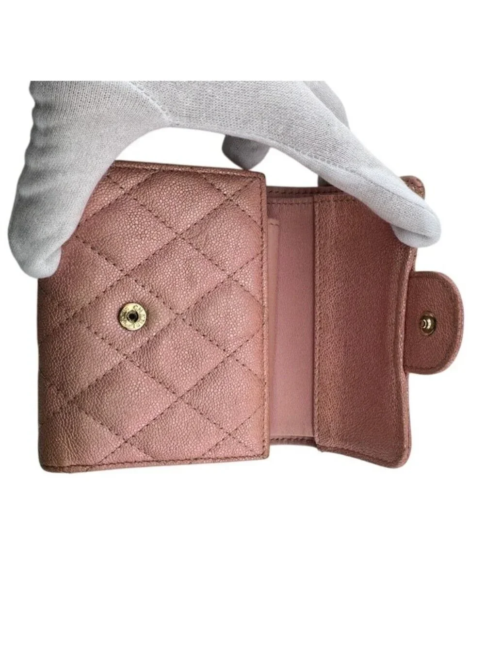 Chanel Quilted Caviar Leather Trifold Wallet Compact Pink Gold